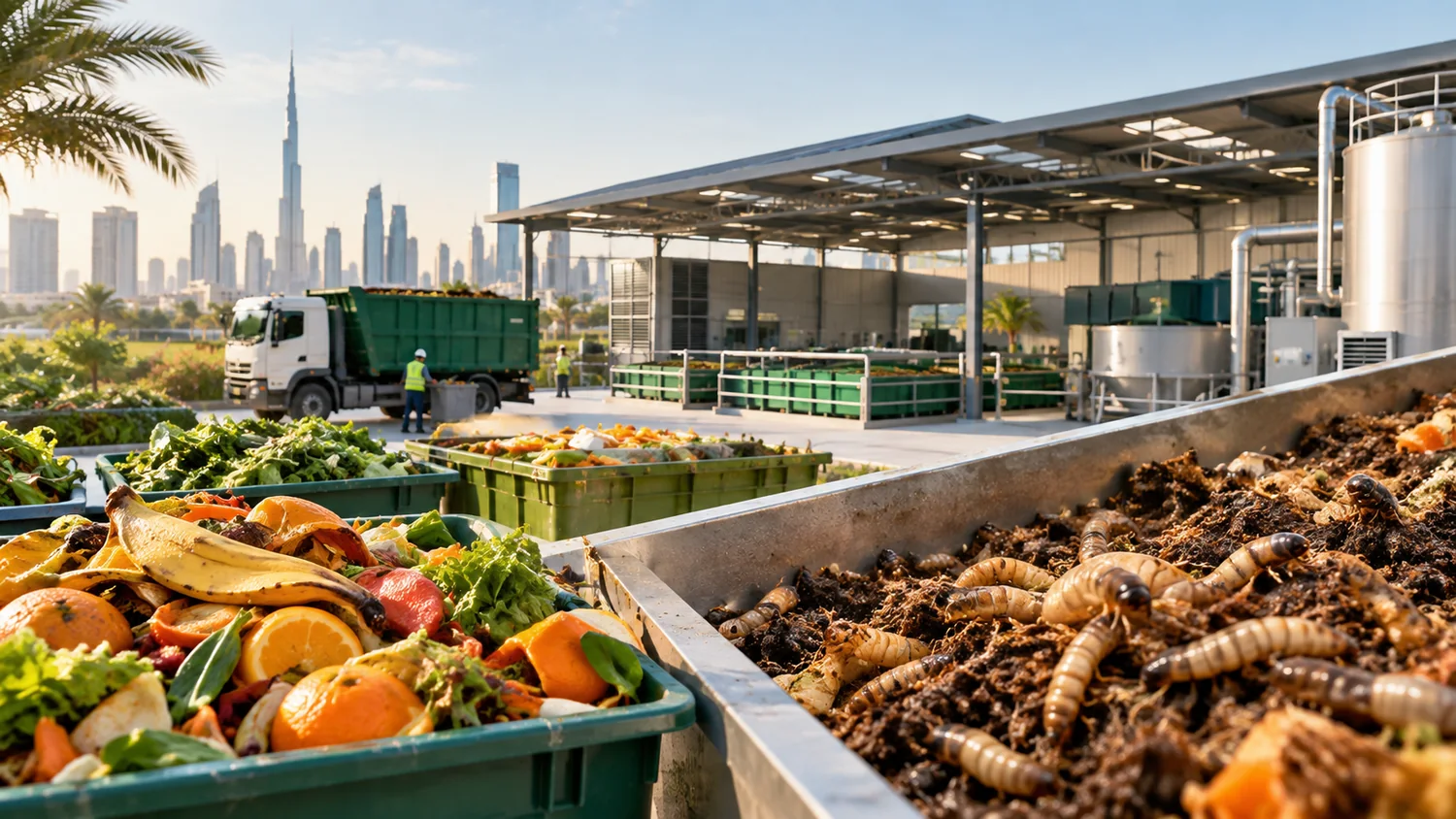 Photorealistic organic waste and Black Soldier Fly Larvae bioconversion facility showing food waste, larvae and resource recovery infrastructure